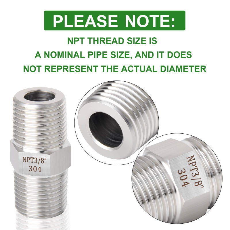 TAISHER 5PCS 304 Stainless Steel Hex Nipple, Pipe Fitting 3/8-Inch Male Pipe x 3/8-Inch Male Pipe - Image 5